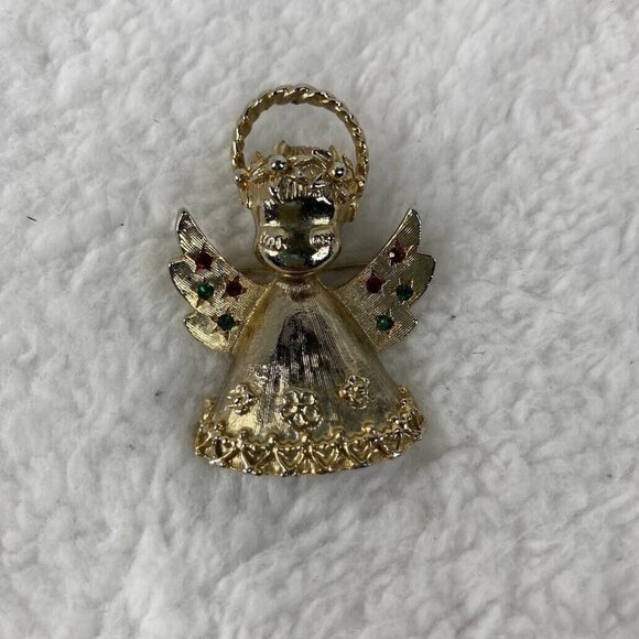 Vintage Christmas Angel Brooch 2" Pin Gold Tone Red Green Rhinestones - Picture 1 of 10